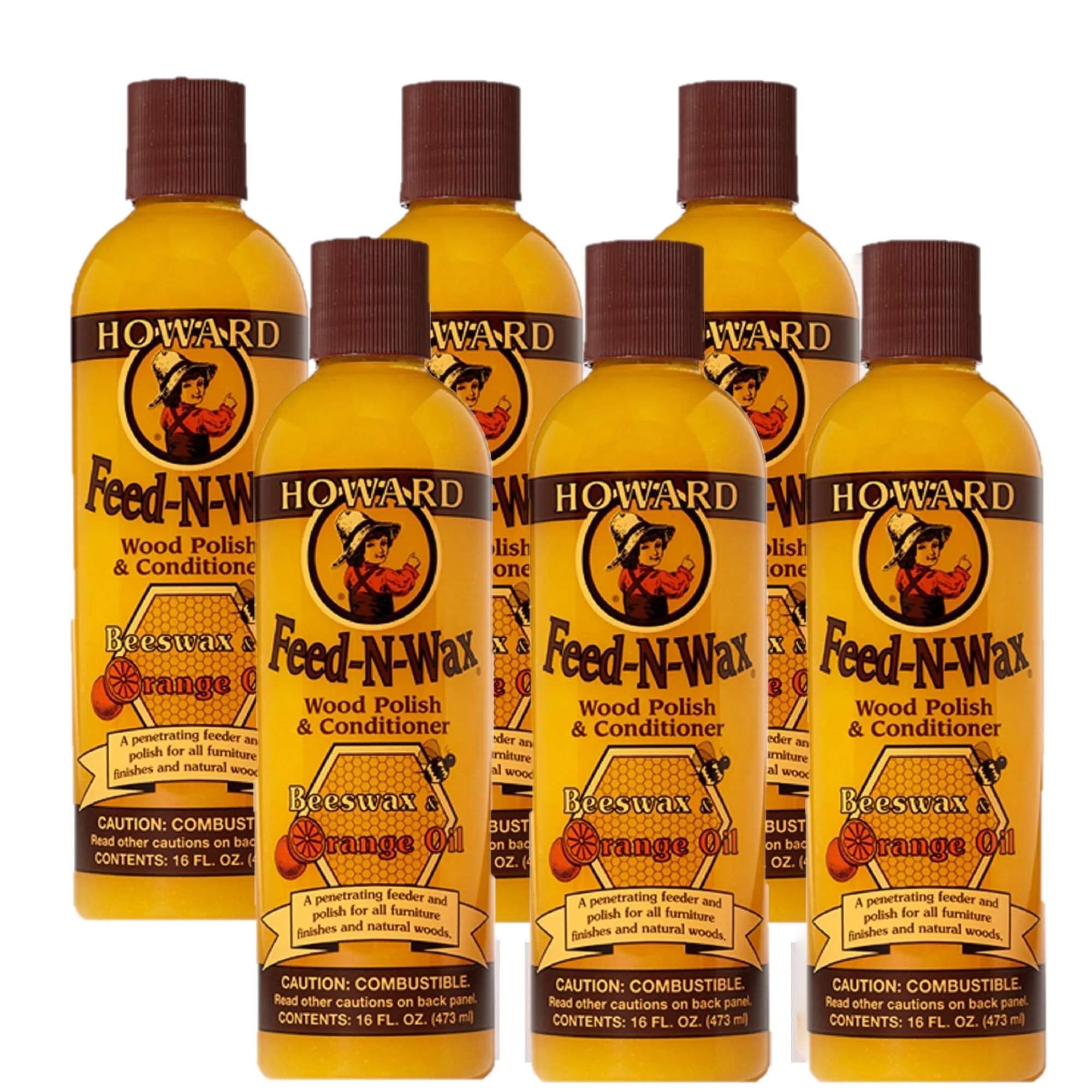 Howard Feed-N-Wax Wood Polish & Conditioner, Orange Scent, 16 fl oz (96 fl oz Total) | Cleans, Conditions, and Protects Wood Surfaces - main product image