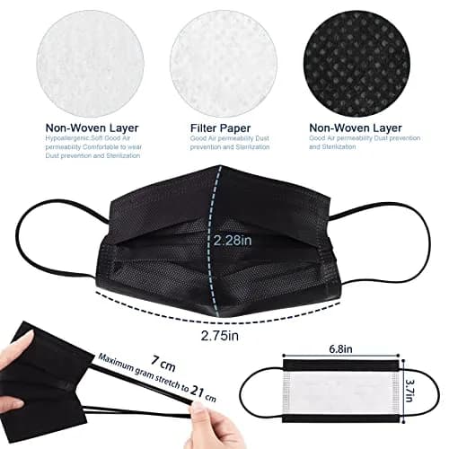 SOOQOO 3-Ply Black Disposable Face Masks 100 Count | Filter Protection Masks for Unisex Adults thumbnail 2