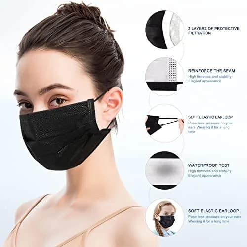 SOOQOO 3-Ply Black Disposable Face Masks 100 Count | Filter Protection Masks for Unisex Adults thumbnail 3