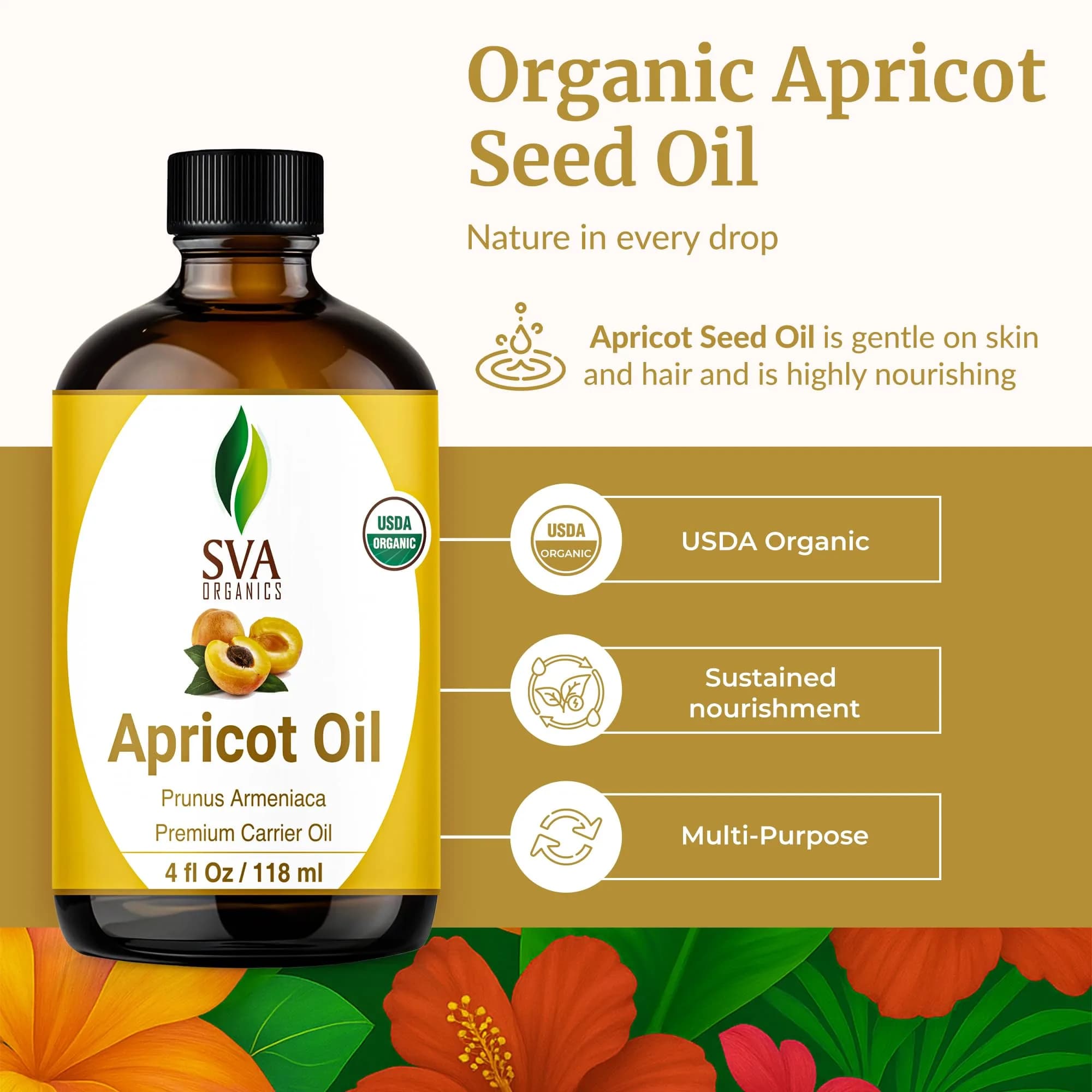 SVA Organics Apricot Kernel Carrier Oil - 4 Fl Oz (118 ml) | Pure & Natural, with Dropper - view 2