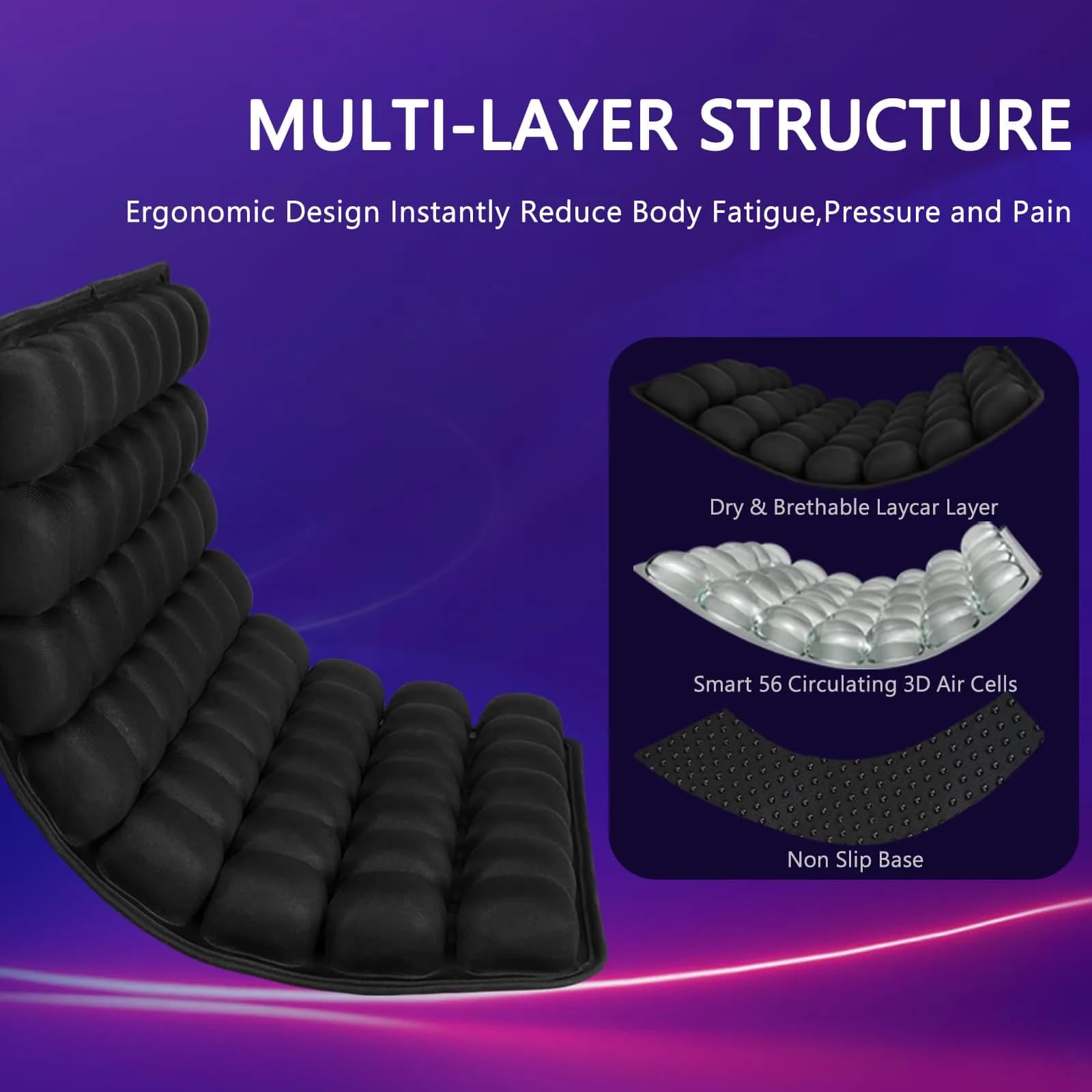 SUNFICON Air Cushion Inflatable Seat Pad 45.7cm x 40.6cm x 2.5cm (18" x 16" x 1") | Pressure Relief for Office Chairs & Wheelchairs — Black