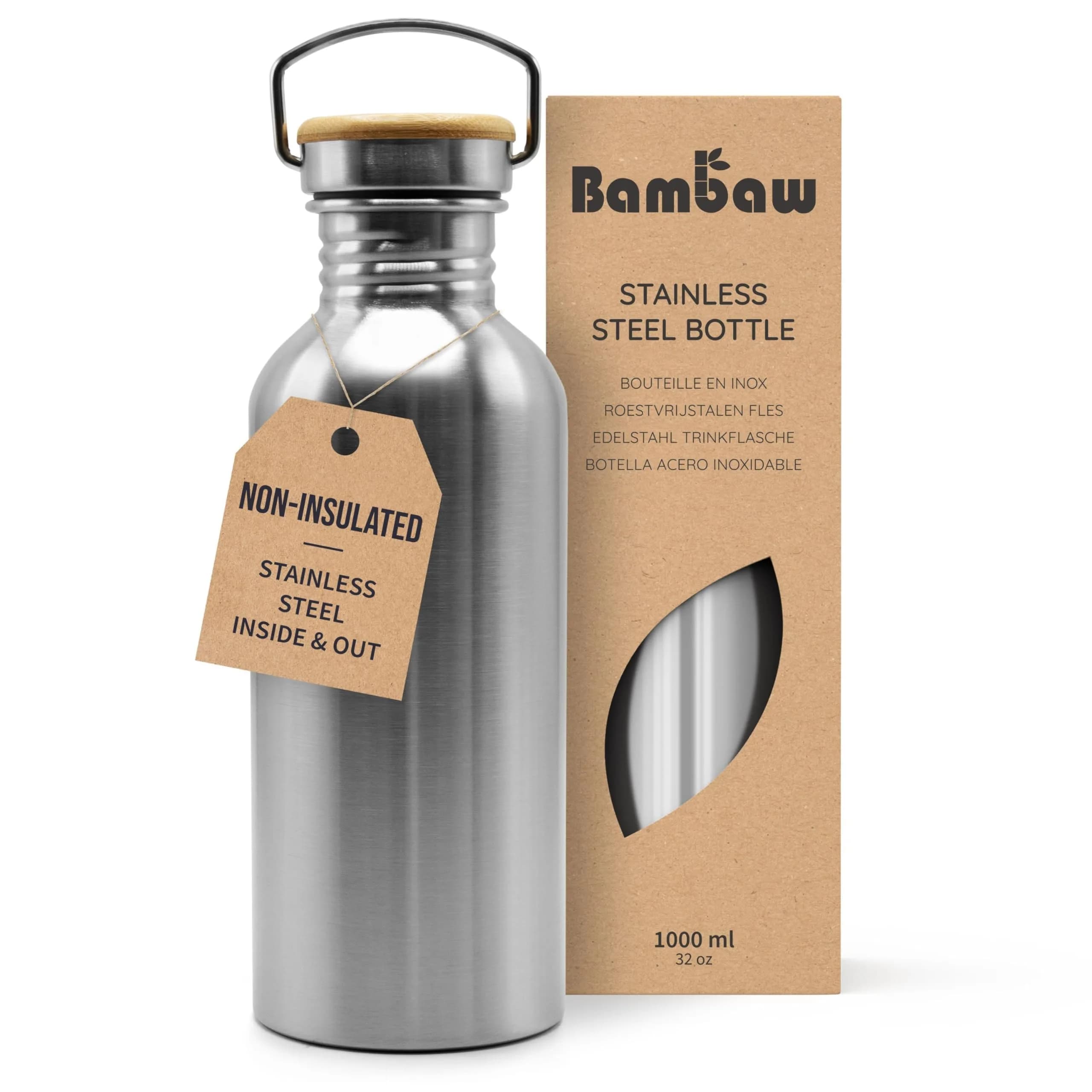 Bambaw Stainless Steel Water Bottle 32 oz | Eco-Friendly, Reusable & Durable, Non-insulated, Dishwasher Safe, Silver — 32 oz