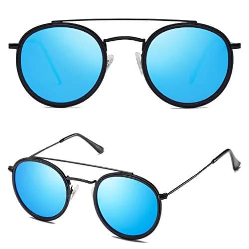 SOJOS Retro Vintage Round Polarized Sunglasses for Women Men Small Double Bridge Circle Sunnies SJ1104, Black/Blue Mirrored thumbnail 1