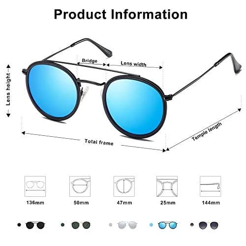 SOJOS Retro Vintage Round Polarized Sunglasses for Women Men Small Double Bridge Circle Sunnies SJ1104, Black/Blue Mirrored thumbnail 4