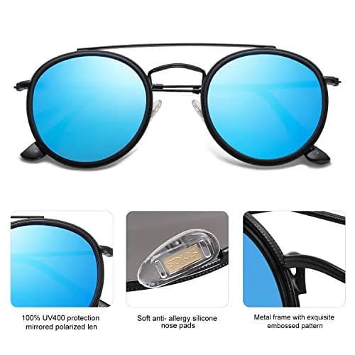 SOJOS Retro Vintage Round Polarized Sunglasses for Women Men Small Double Bridge Circle Sunnies SJ1104, Black/Blue Mirrored thumbnail 5