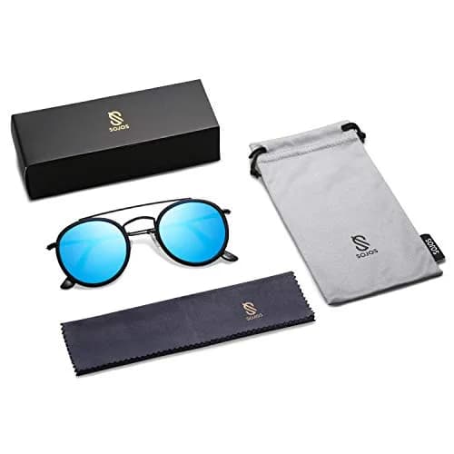 SOJOS Retro Vintage Round Polarized Sunglasses for Women Men Small Double Bridge Circle Sunnies SJ1104, Black/Blue Mirrored thumbnail 7