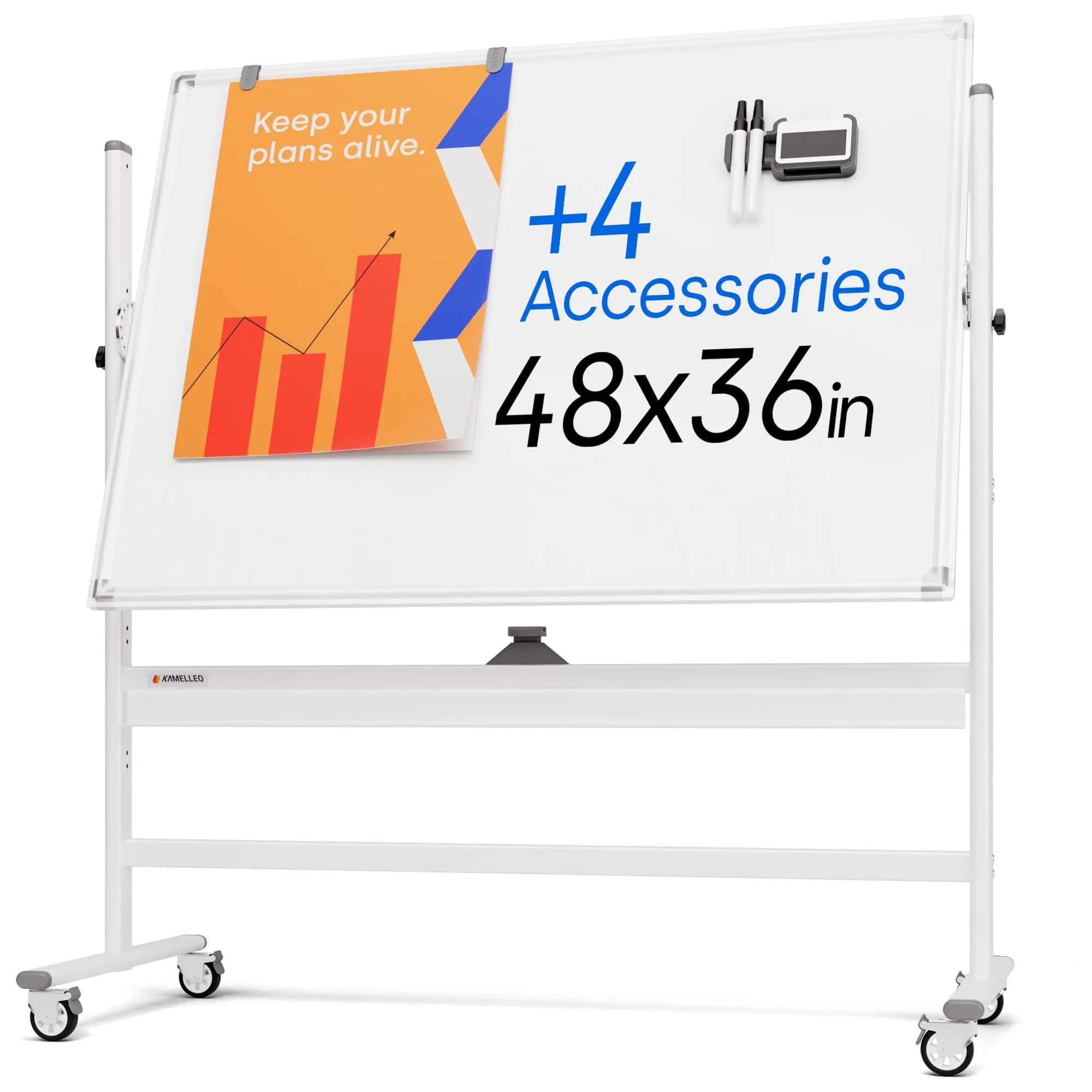Kamelleo Rolling Whiteboard on Wheels 48" x 36" | Double Sided Magnetic White Board