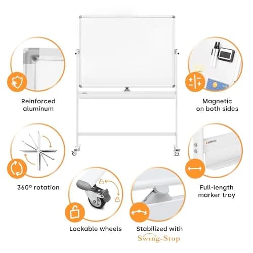 Kamelleo Rolling Whiteboard on Wheels 48" x 36" | Double Sided Magnetic White Board thumbnail 3