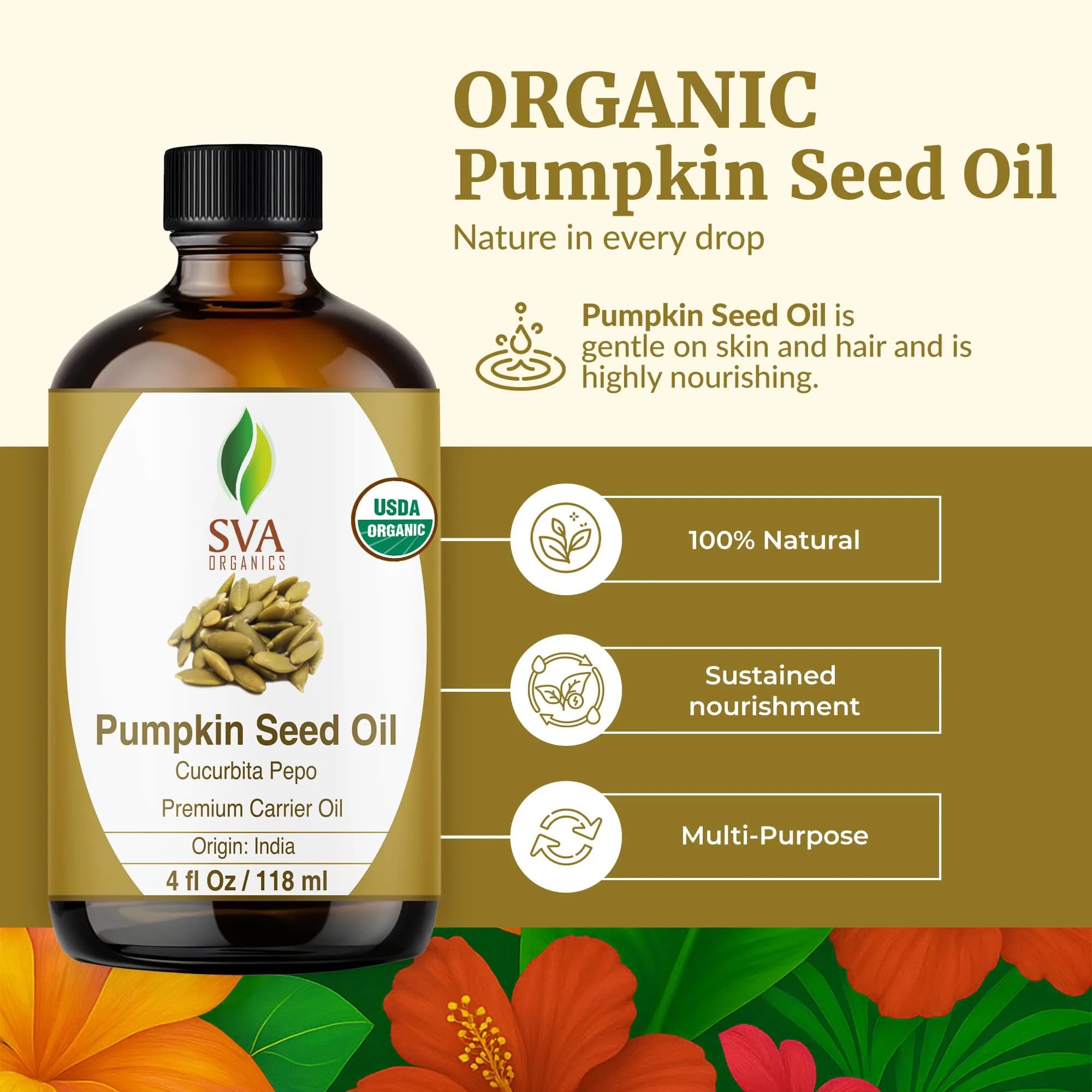 SVA Organics Pumpkin Seed Oil 4 Fl Oz (118 ml) - Pure, Cold-Pressed Carrier Oil - view 2