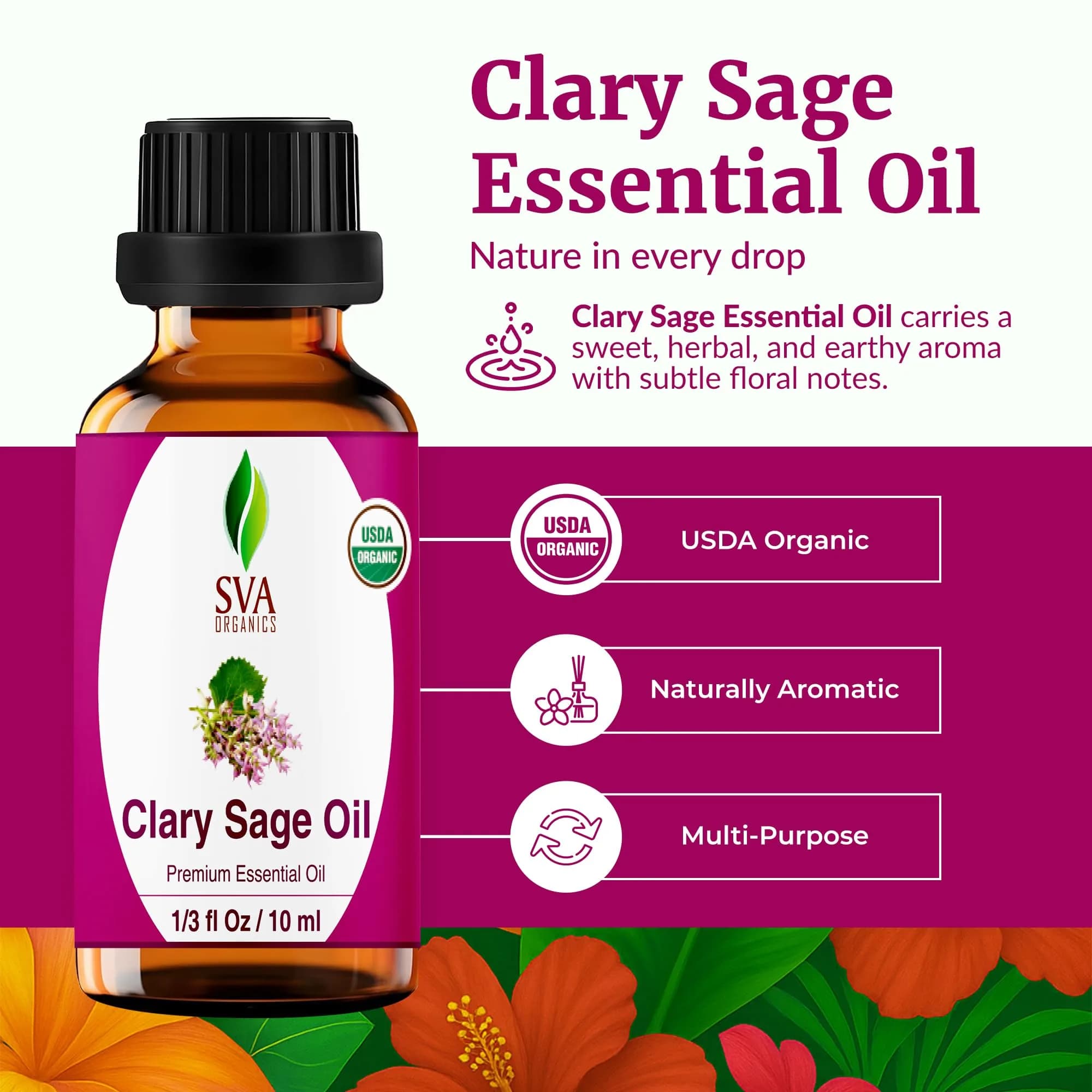SVA ORGANICS Organic Clary Sage Essential Oil 10ml (0.33 Fl Oz) | Pure, Steam Distilled, Not Tested on Animals - view 2