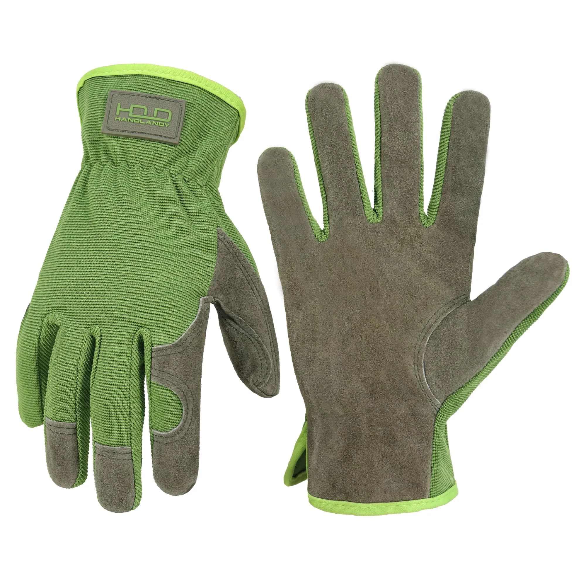 HANDLANDY Leather Gardening Gloves, Leather Work Gloves, Green, Large | Durable Cowhide & Breathable Spandex
