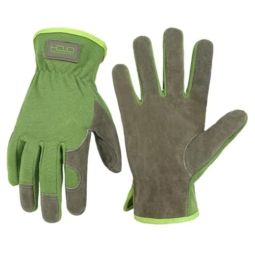 HANDLANDY Leather Gardening Gloves, Leather Work Gloves, Green, Large | Durable Cowhide & Breathable Spandex thumbnail 1