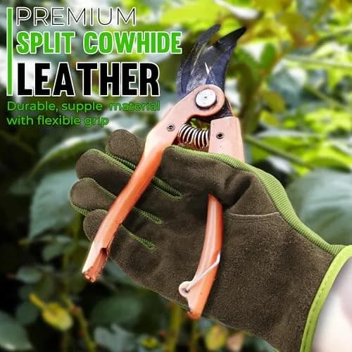 HANDLANDY Leather Gardening Gloves, Leather Work Gloves, Green, Large | Durable Cowhide & Breathable Spandex thumbnail 2