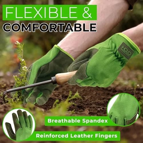 HANDLANDY Leather Gardening Gloves, Leather Work Gloves, Green, Large | Durable Cowhide & Breathable Spandex thumbnail 3