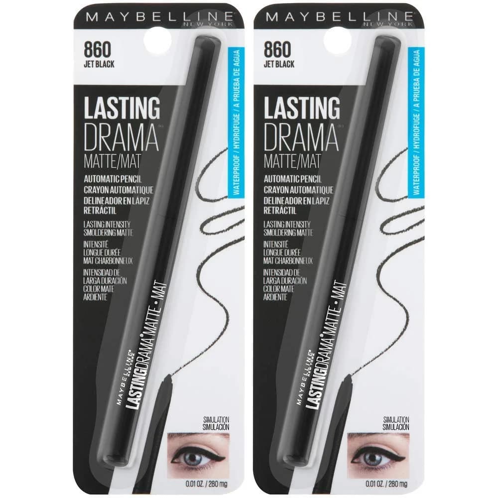 Maybelline Eyestudio Lasting Drama Waterproof Matte Gel Pencil Black Eyeliner 2 Count | 24-Hour Smudge-Resistant