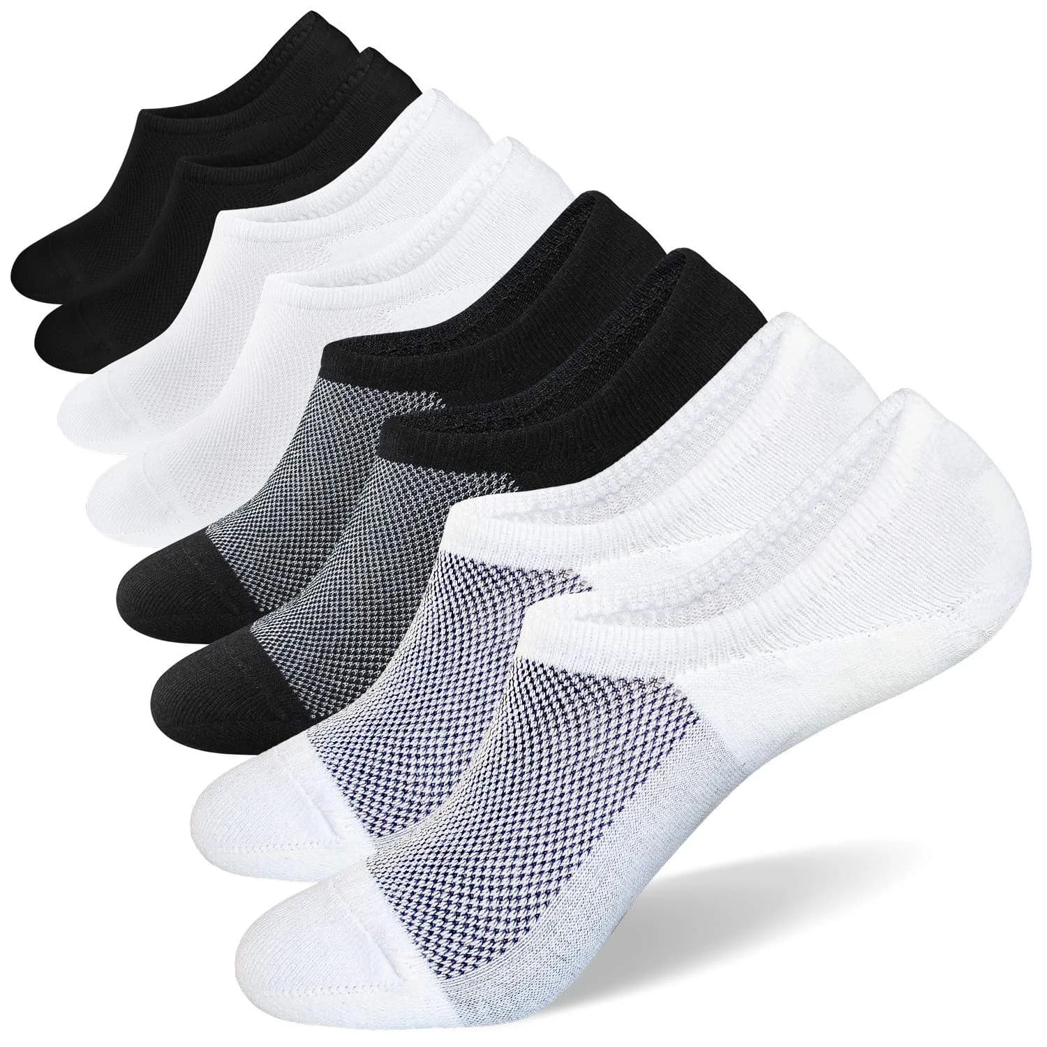 SIXDAYSOX No-Show Socks for Men 8 Pairs Size 9-11 White Mesh Knit Low Cut Ankle Socks with Non Slip Grid — 2white+2black+2pure White+2pure Black / 9-11