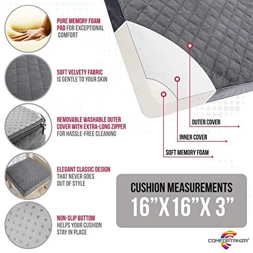 COMFORTANZA Soft 16x16x3 Memory Foam Seat Cushion for Kitchen, Dining, Office Chairs, Cars - Washable Velvety Cover with Waterproof Layer & Non-Slip Base - Comfort & Back Pain Relief - Gray thumbnail 3