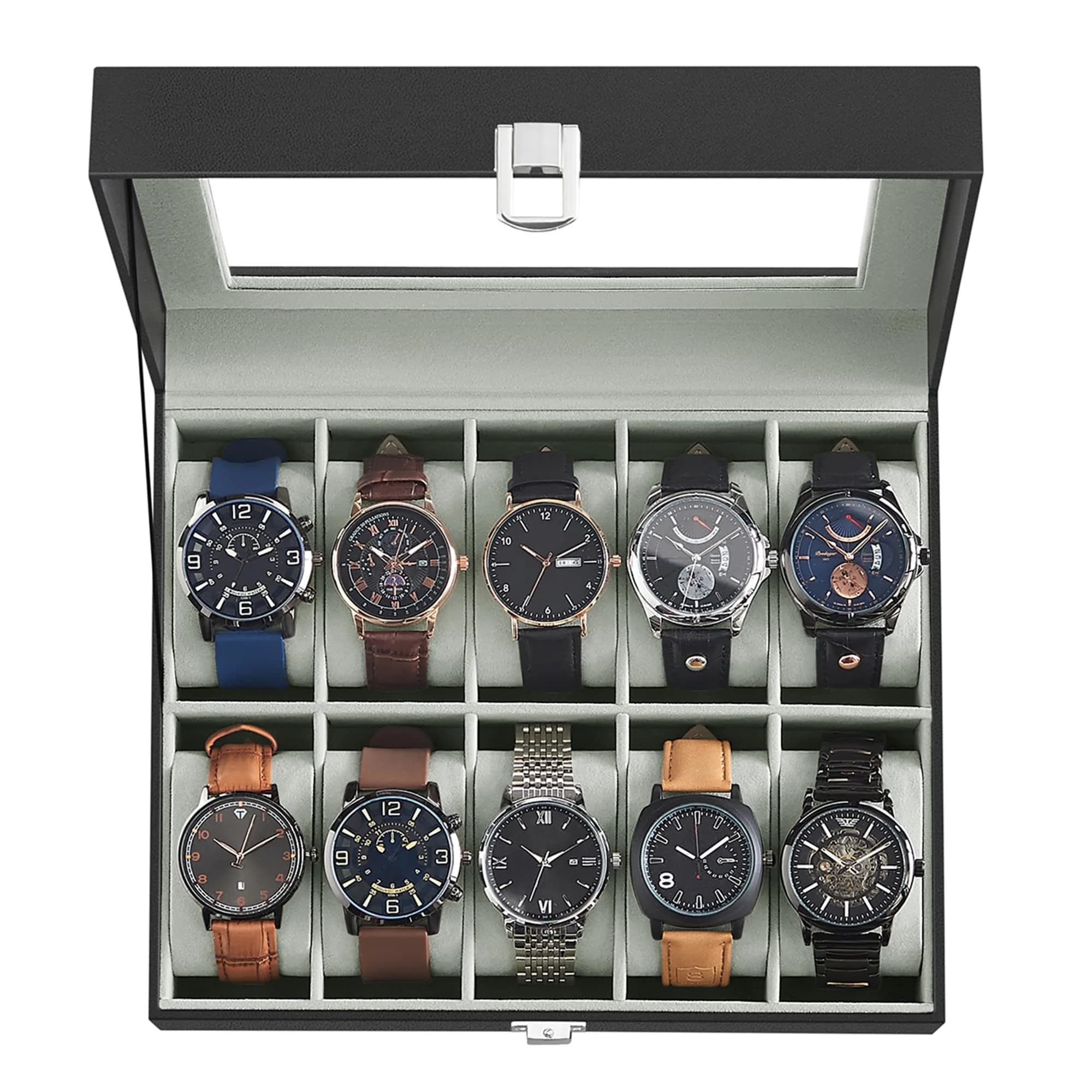 SONGMICS 10-Slot Watch Box Organizer with Glass Lid & Removable Pillows | 25.5cm (10") Wide