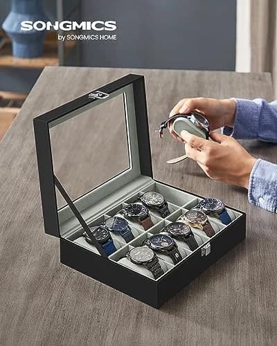 SONGMICS 10-Slot Watch Box Organizer with Glass Lid & Removable Pillows | 25.5cm (10") Wide thumbnail 2