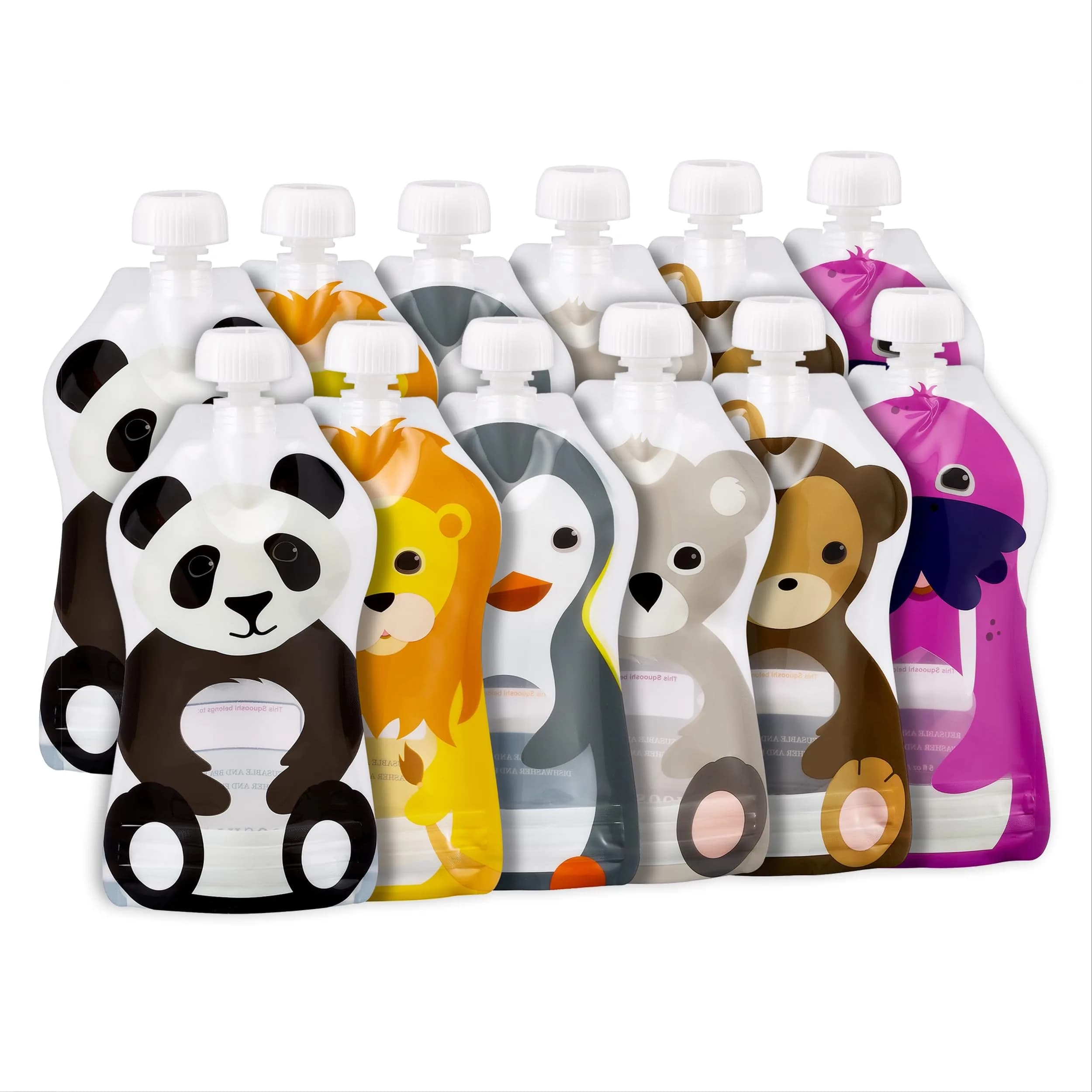 Squooshi Reusable Baby Food Pouches, 12 Pack, 5oz | BPA-Free, Freezer Safe, Assorted Animals