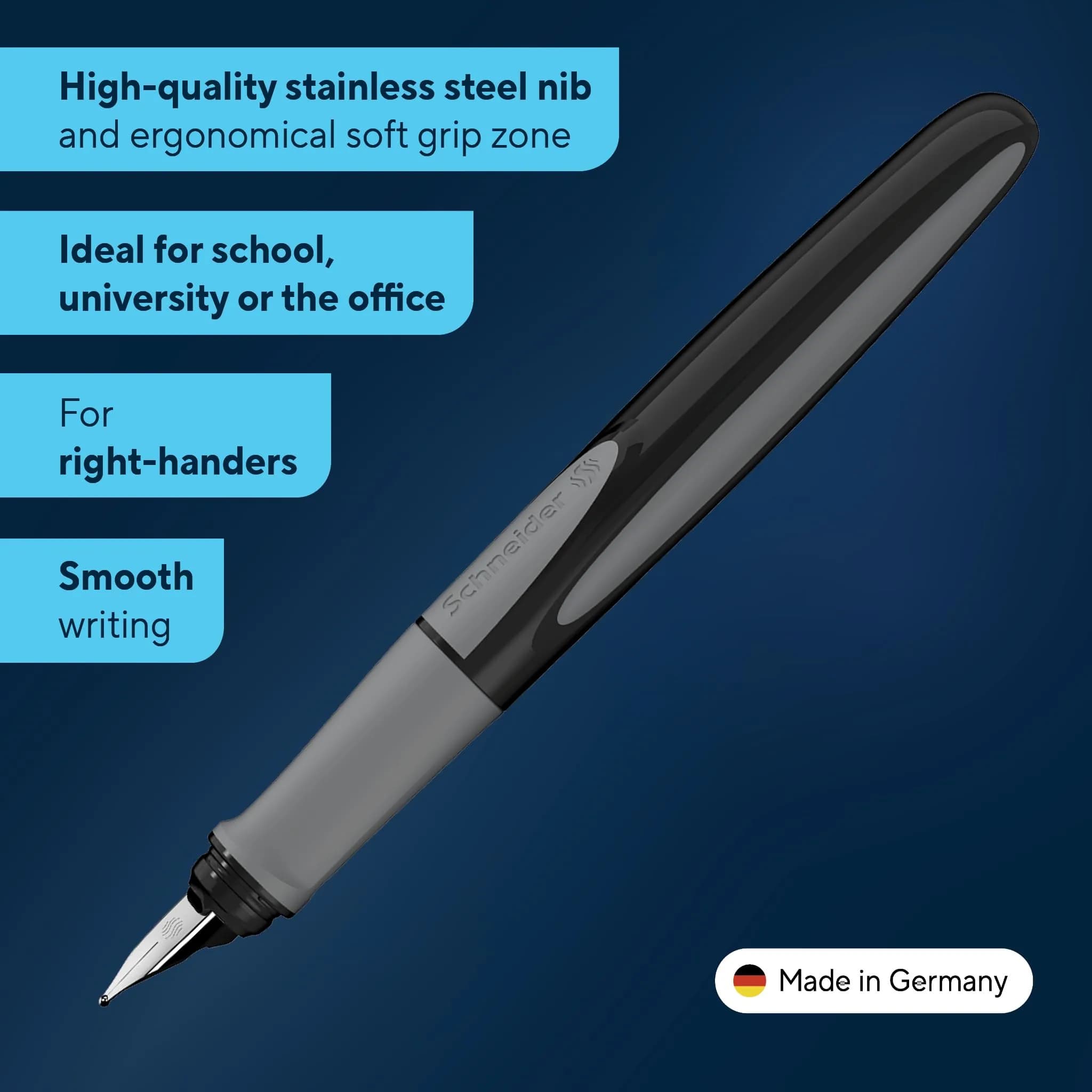 Schneider Ray Fountain Pen M (Medium) Onyx Barrel Royal Blue Erasable Ink | Smooth Ink Flow Writing Instrument - view 2