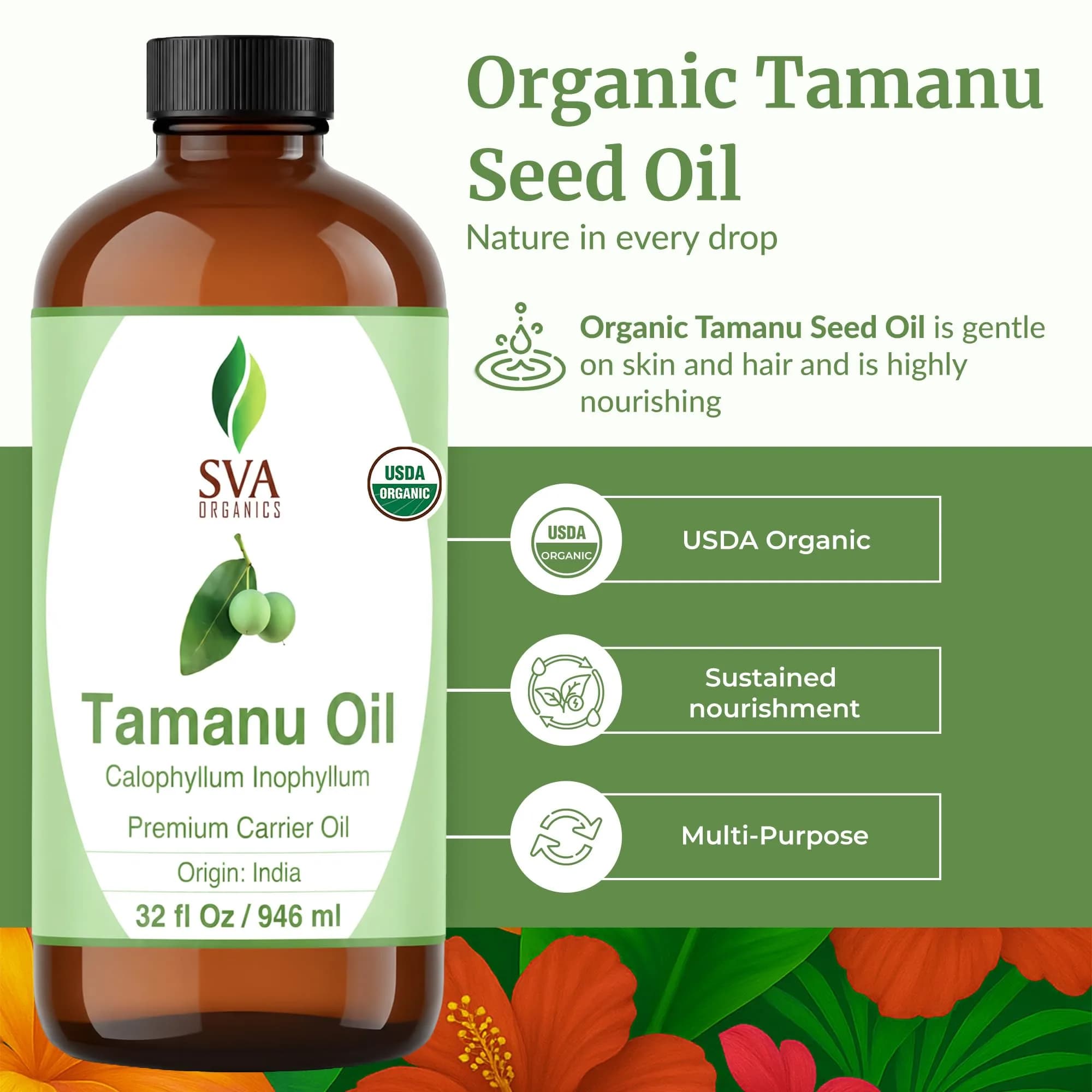 SVA ORGANICS Organic Tamanu Seed Carrier Oil 946ml (32 Fl Oz) | Cold-Pressed, Pure, Multi-Use - view 2