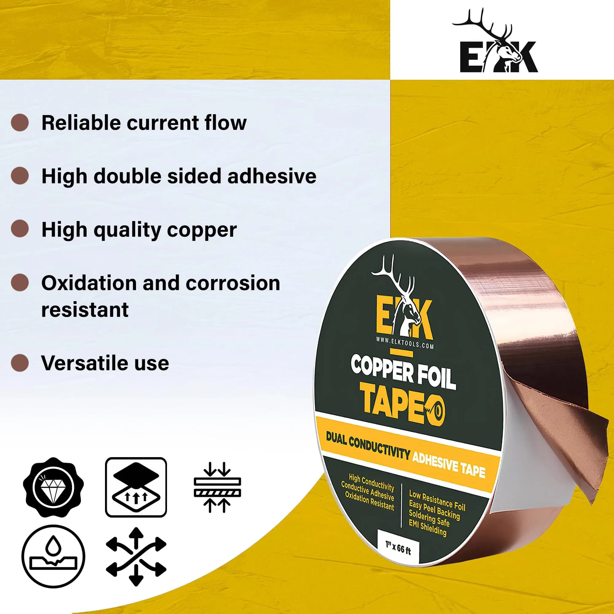 ELK 1 Inch x 66 Feet Copper Foil Tape | Conductive Adhesive for Electronics, Crafts, Repairs - view 2
