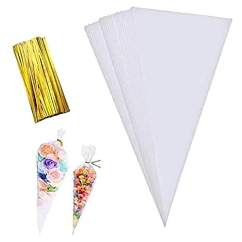 MAOUYWIEE Clear Cello Treat Bags 25cm x 13cm (9.8 x 5.1 Inch) with Gold Twist Ties | Food-Grade OPP Bags for Parties thumbnail 1