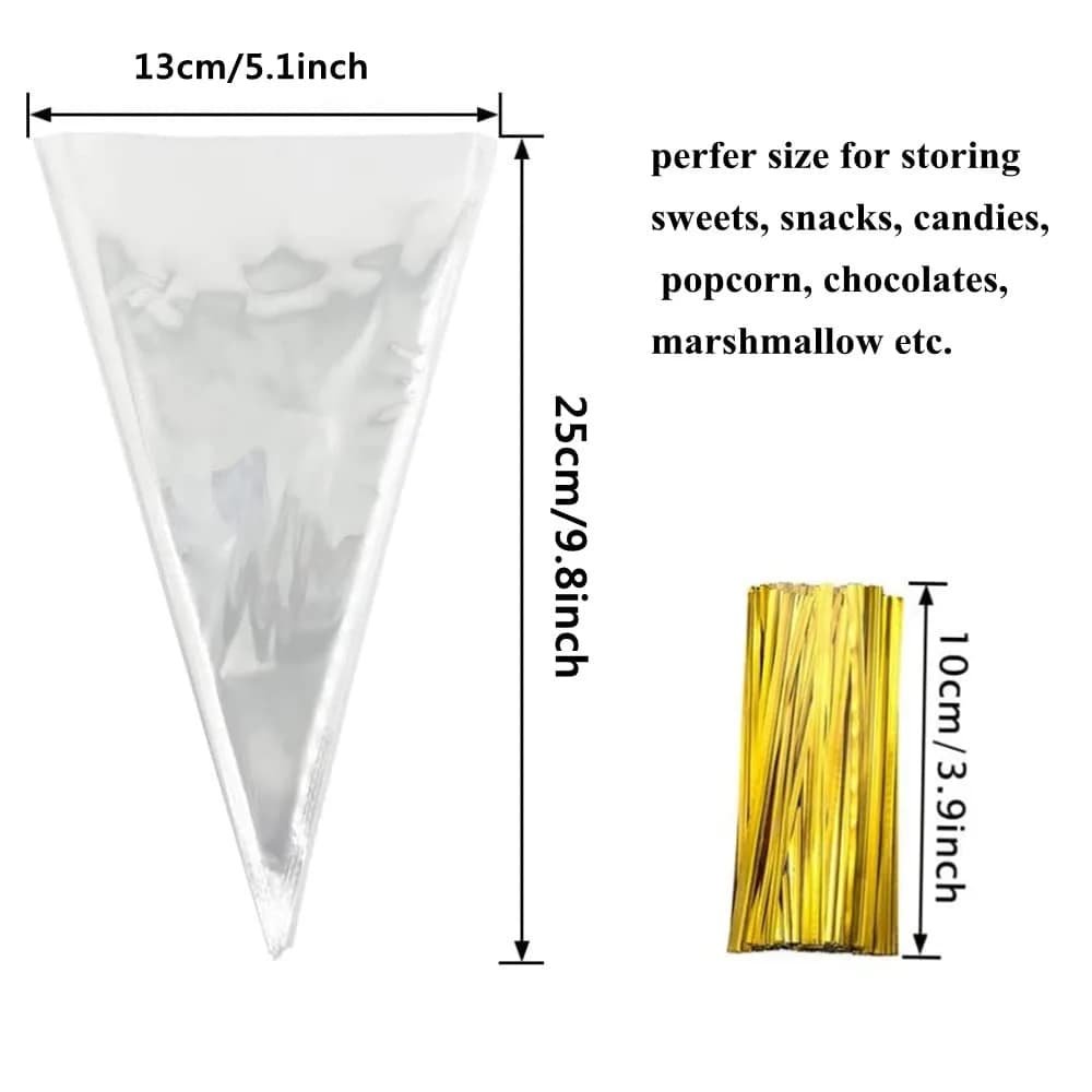 MAOUYWIEE Clear Cello Treat Bags 25cm x 13cm (9.8 x 5.1 Inch) with Gold Twist Ties | Food-Grade OPP Bags for Parties - view 2