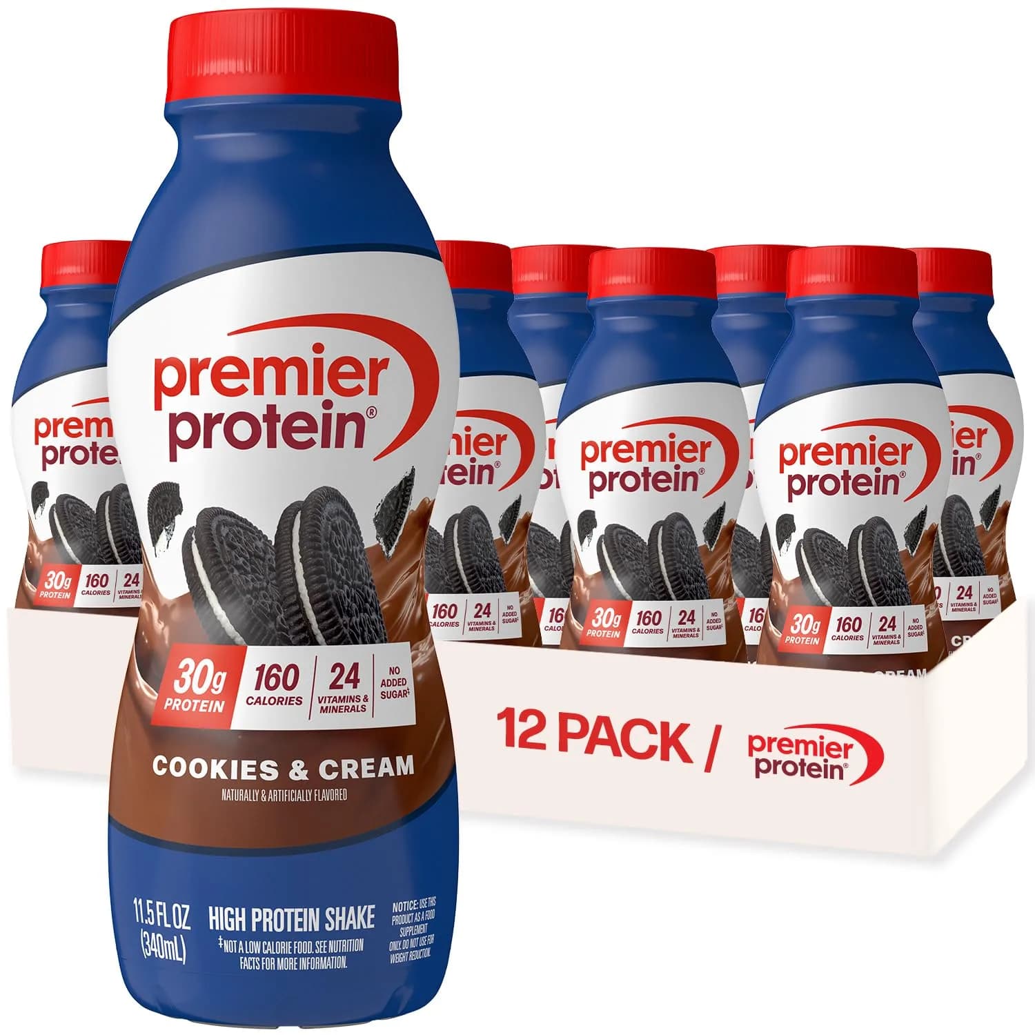 Premier Protein High Protein Shake Cookies & Cream 30g Protein 11.5 Fl Oz (138 Fl Oz Total) | Gluten-Free, Low Sugar, Essential Amino Acids