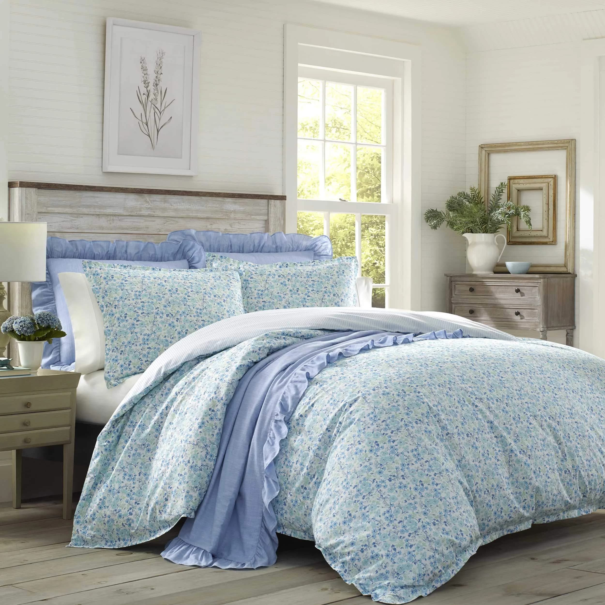 Laura Ashley Queen Duvet Cover Set with Shams | Floral Cottage Cotton Bedding (70-120c)