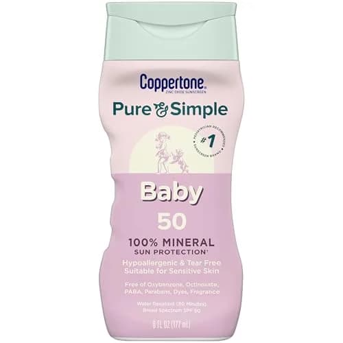 Coppertone Pure and Simple Mineral Sunscreen Lotion SPF 50 177 ml (6 oz) | Hypoallergenic, Fragrance-Free, Zinc Oxide — SPF 50 Lotion