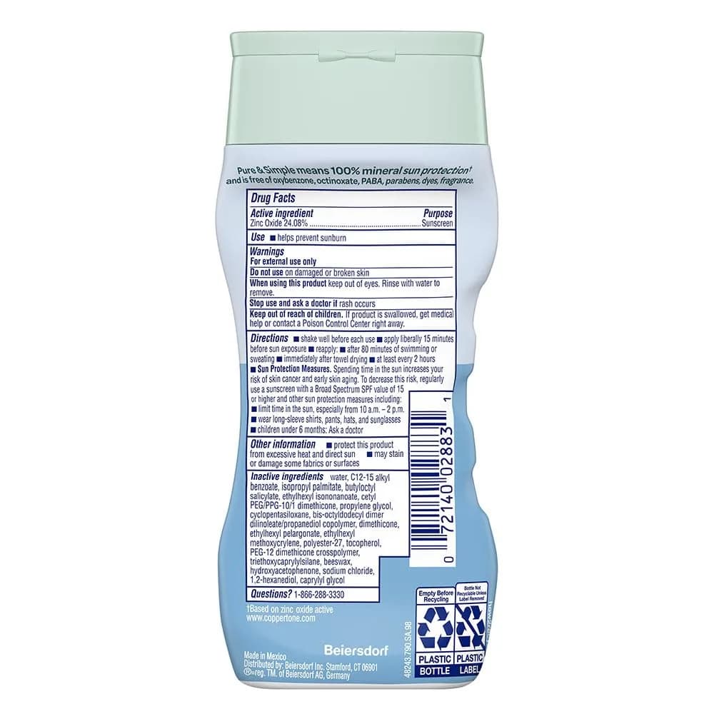 Coppertone Pure and Simple Mineral Sunscreen Lotion SPF 50 177 ml (6 oz) | Hypoallergenic, Fragrance-Free, Zinc Oxide - view 8