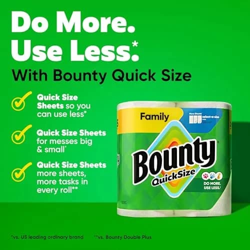 Bounty Quick Size Paper Towels White 8 Family Rolls | 2X More Absorbent for Fast Cleanup thumbnail 2