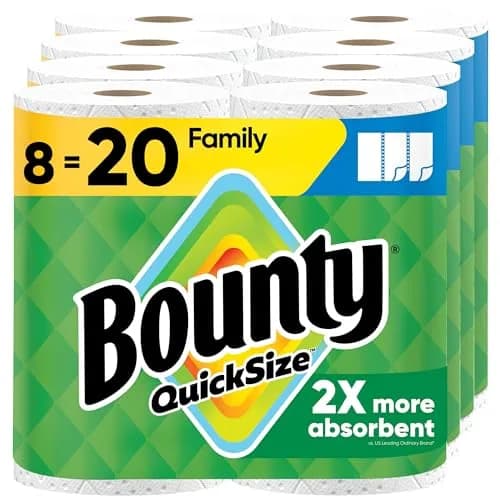 Bounty Paper Towels Quick Size, White, 16 Family Rolls (1712 Sheets) | 2X More Absorbent for Faster Cleanup — 8 Rolls (107 Sheets)