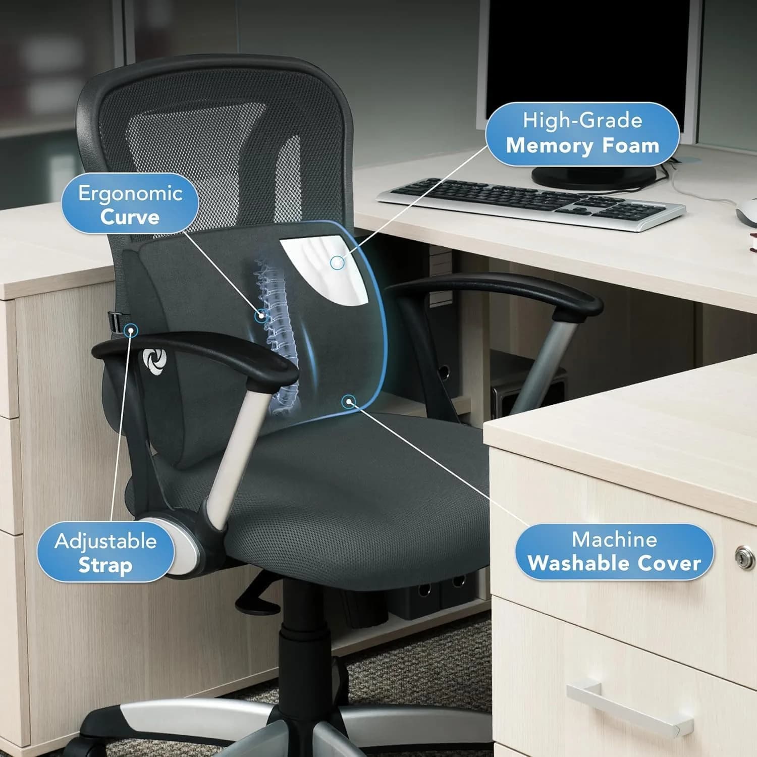 Samsonite Lumbar Support Pillow for Office Chair and Car Seat, Perfectly Balanced Memory Foam, Versatile Use Lower Back Cushion, Black Plush - view 5