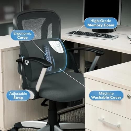 Samsonite Lumbar Support Pillow for Office Chair and Car Seat, Perfectly Balanced Memory Foam, Versatile Use Lower Back Cushion, Black Plush thumbnail 5