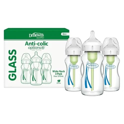 Dr. Brown's Anti-Colic Options+ Wide-Neck Glass Baby Bottle 270ml (9 oz) 3-Pack | Clinically Proven Colic Reduction thumbnail 1