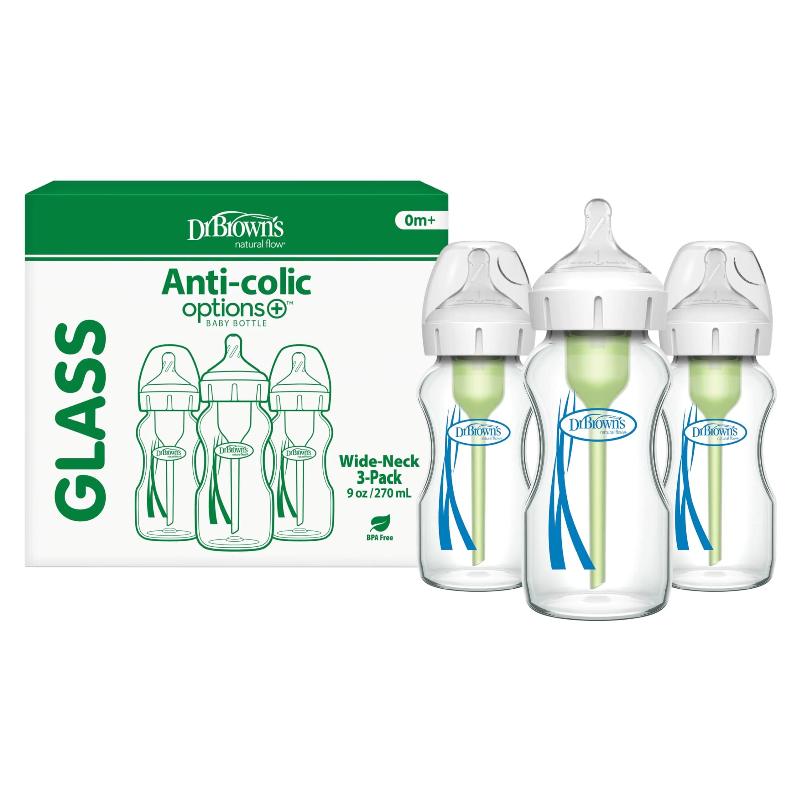 Dr. Brown's Anti-Colic Options+ Wide-Neck Glass Baby Bottle 270ml (9 oz) 3-Pack | Clinically Proven Colic Reduction - main product image