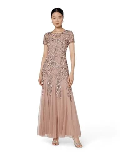 Adrianna Papell Floral Beaded Godet Evening Gown Rose Gold 4 | Elegant Floral Beaded Dress for Women thumbnail 1