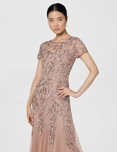 Adrianna Papell Floral Beaded Godet Evening Gown Rose Gold 4 | Elegant Floral Beaded Dress for Women thumbnail 4