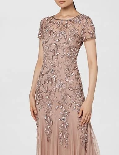 Adrianna Papell Floral Beaded Godet Evening Gown Rose Gold 4 | Elegant Floral Beaded Dress for Women thumbnail 5