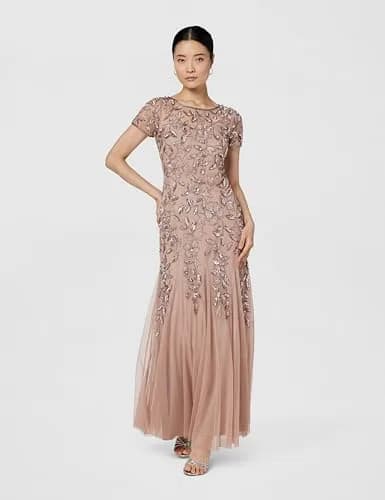 Adrianna Papell Floral Beaded Godet Evening Gown Rose Gold 4 | Elegant Floral Beaded Dress for Women thumbnail 7