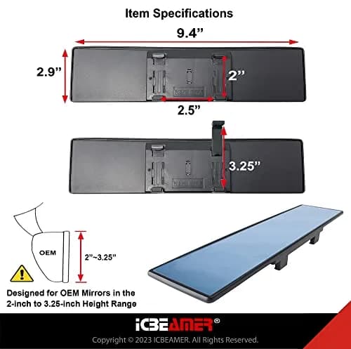 ICBEAMER 9.4" Rear View Mirror | Flat Blue Tint, Wide Angle, Anti Glare, Universal Fit thumbnail 7