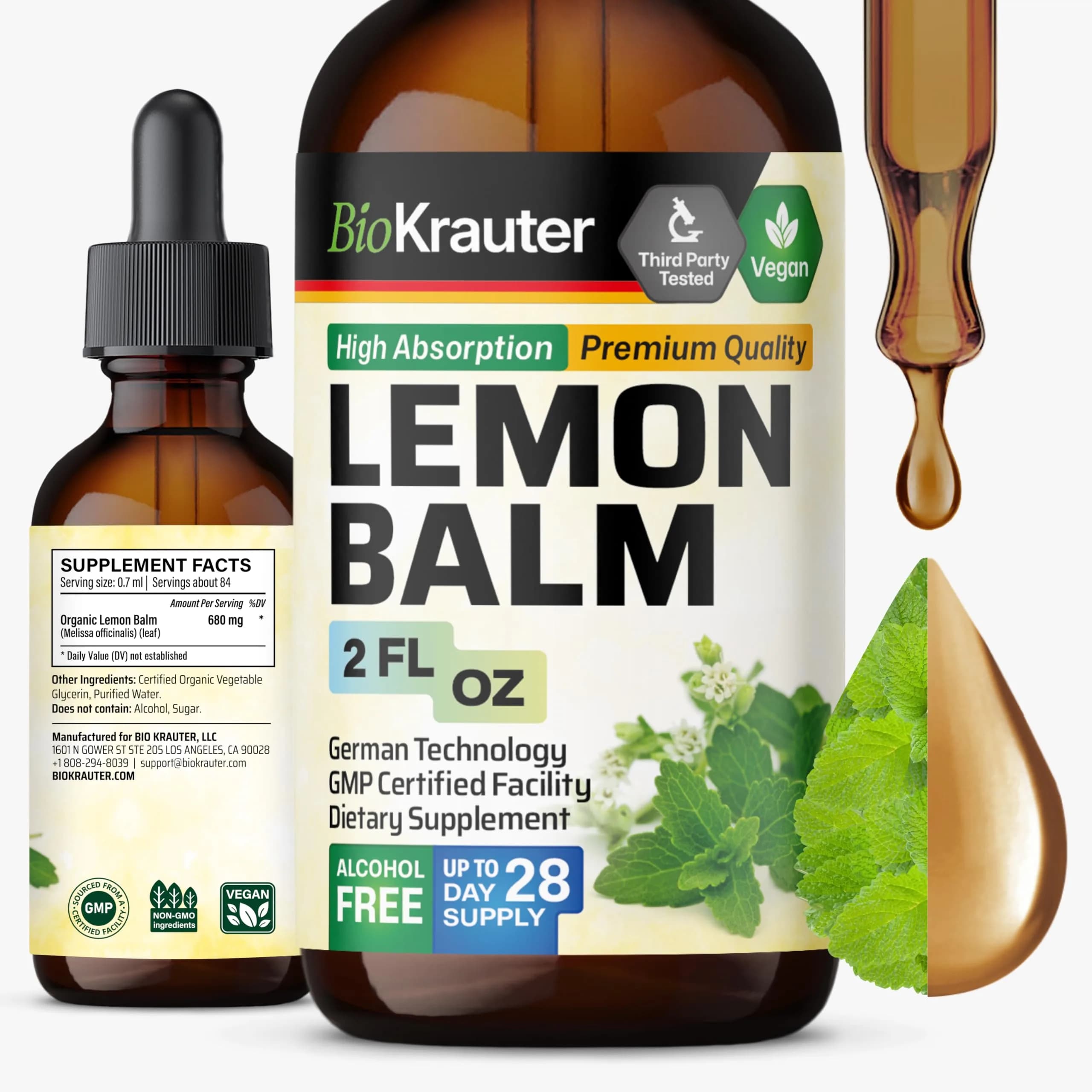 BIO KRAUTER Lemon Balm Tincture 60 ml (2 Fl Oz) | Natural Calming & Sleep Support