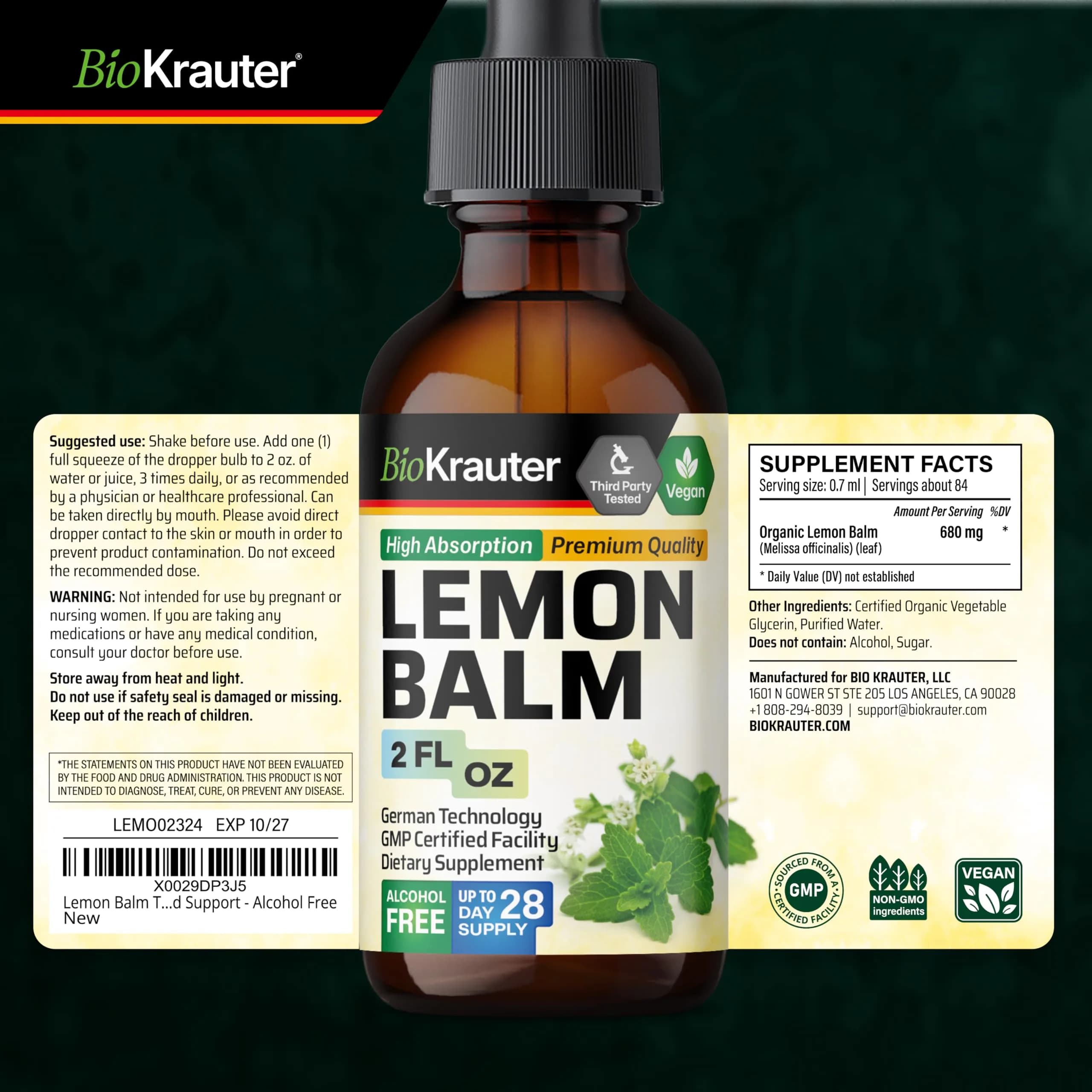 BIO KRAUTER Lemon Balm Tincture 60 ml (2 Fl Oz) | Natural Calming & Sleep Support - view 9