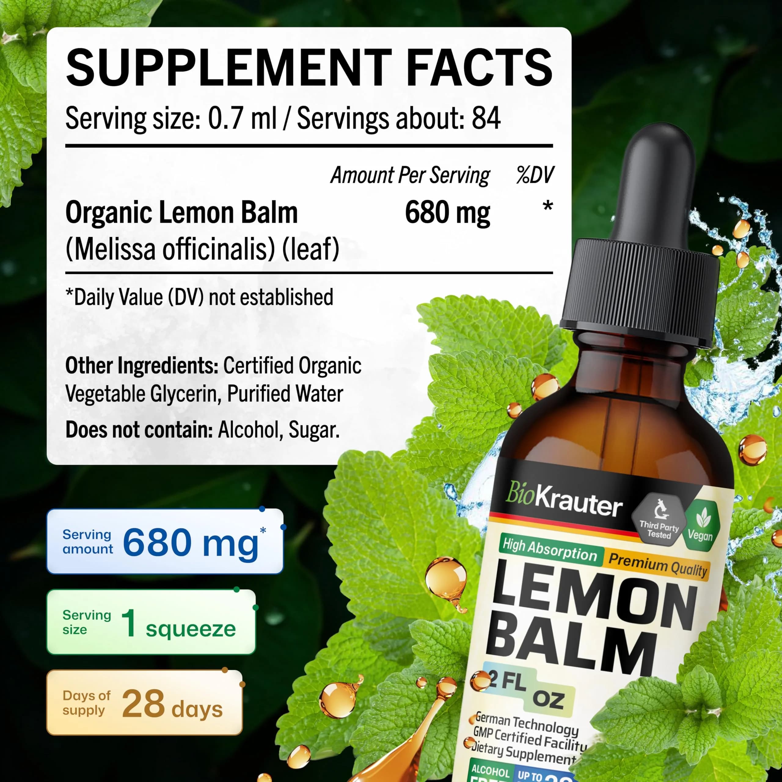 BIO KRAUTER Lemon Balm Tincture 60 ml (2 Fl Oz) | Natural Calming & Sleep Support - view 4