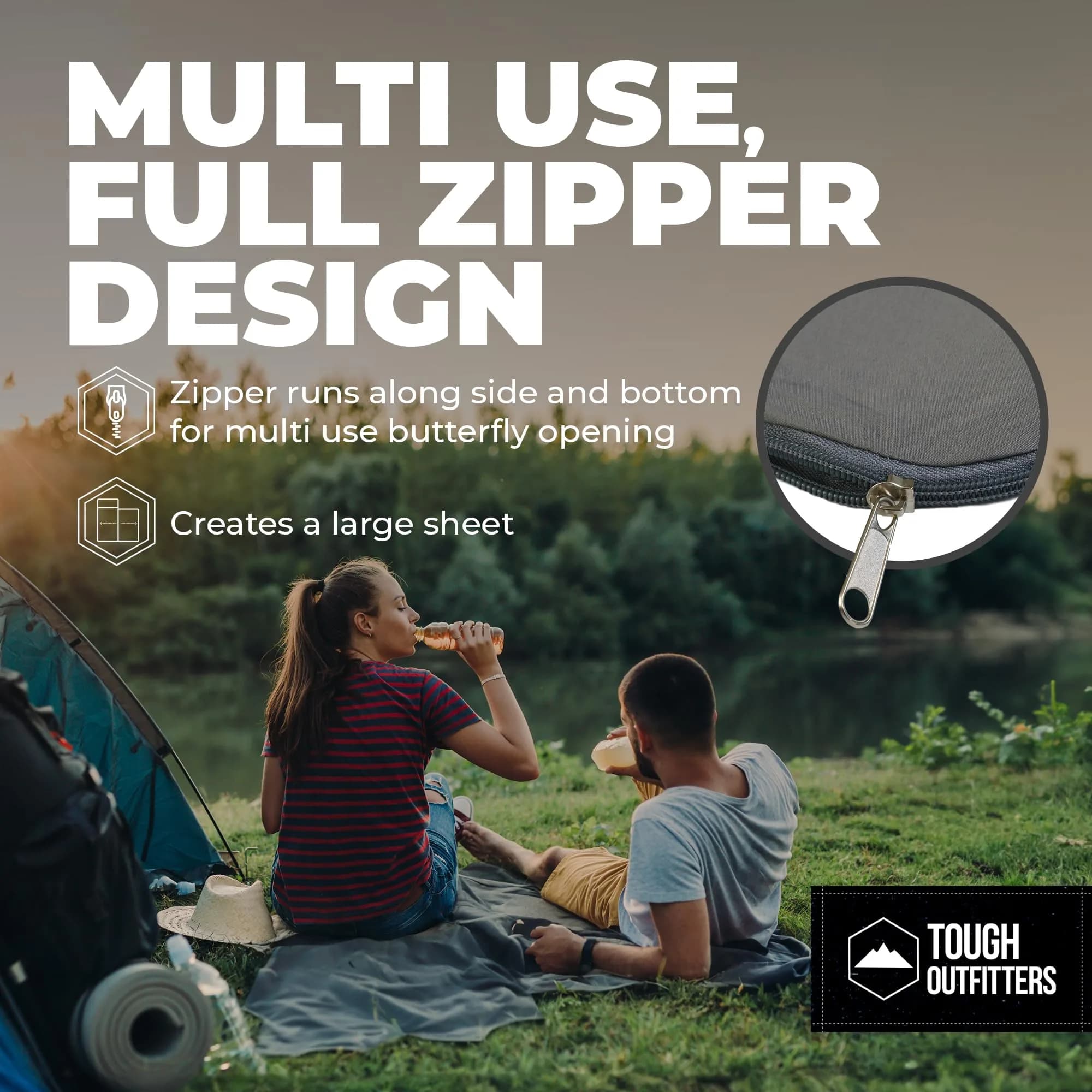 Tough Outdoors XL Sleeping Bag Liner with Zipper - Rectangular Travel Sheet 218cm (85") | Lightweight Polyester for Camping & Hotels - view 6