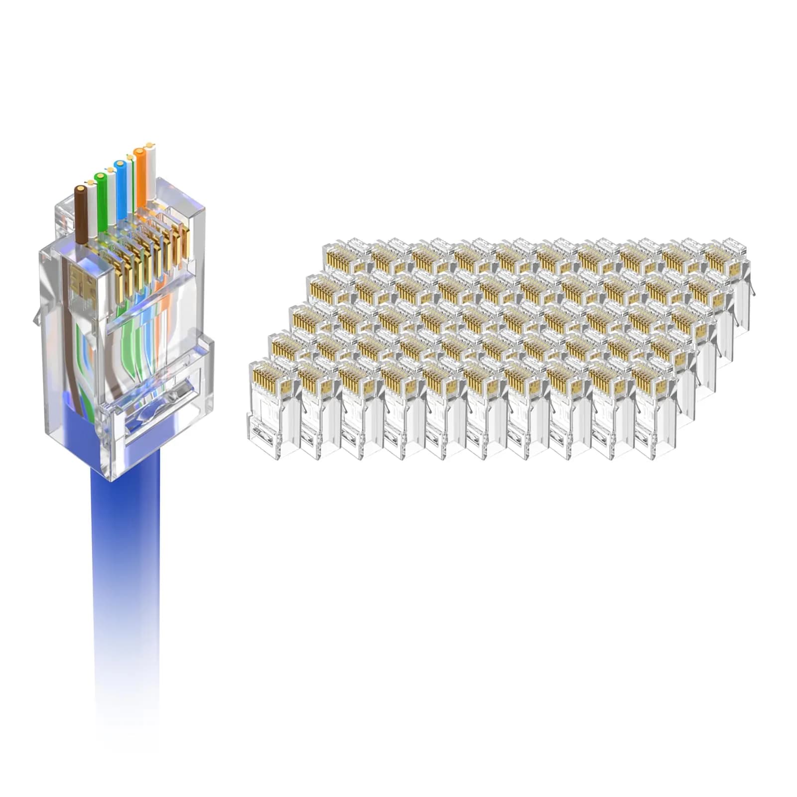 VCE Cat6 RJ45 Pass Through Connectors Gold Plated 8P8C 10 Gbps 50-Pack | UL Listed 250V AC Max — Transparent