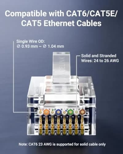 VCE Cat6 RJ45 Pass Through Connectors Gold Plated 8P8C 10 Gbps 50-Pack | UL Listed 250V AC Max thumbnail 4